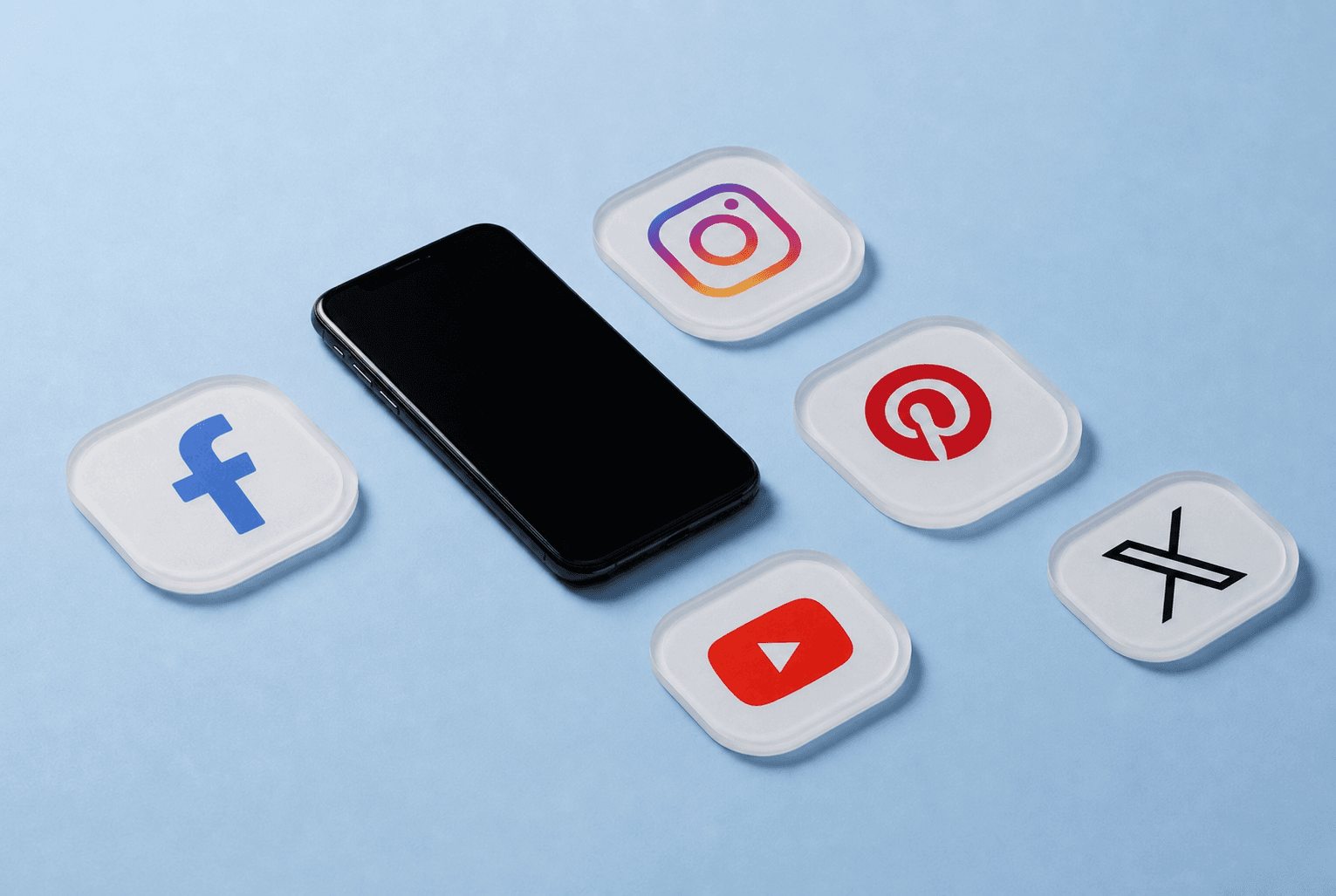 A phone and content cards moving through a publishing workflow